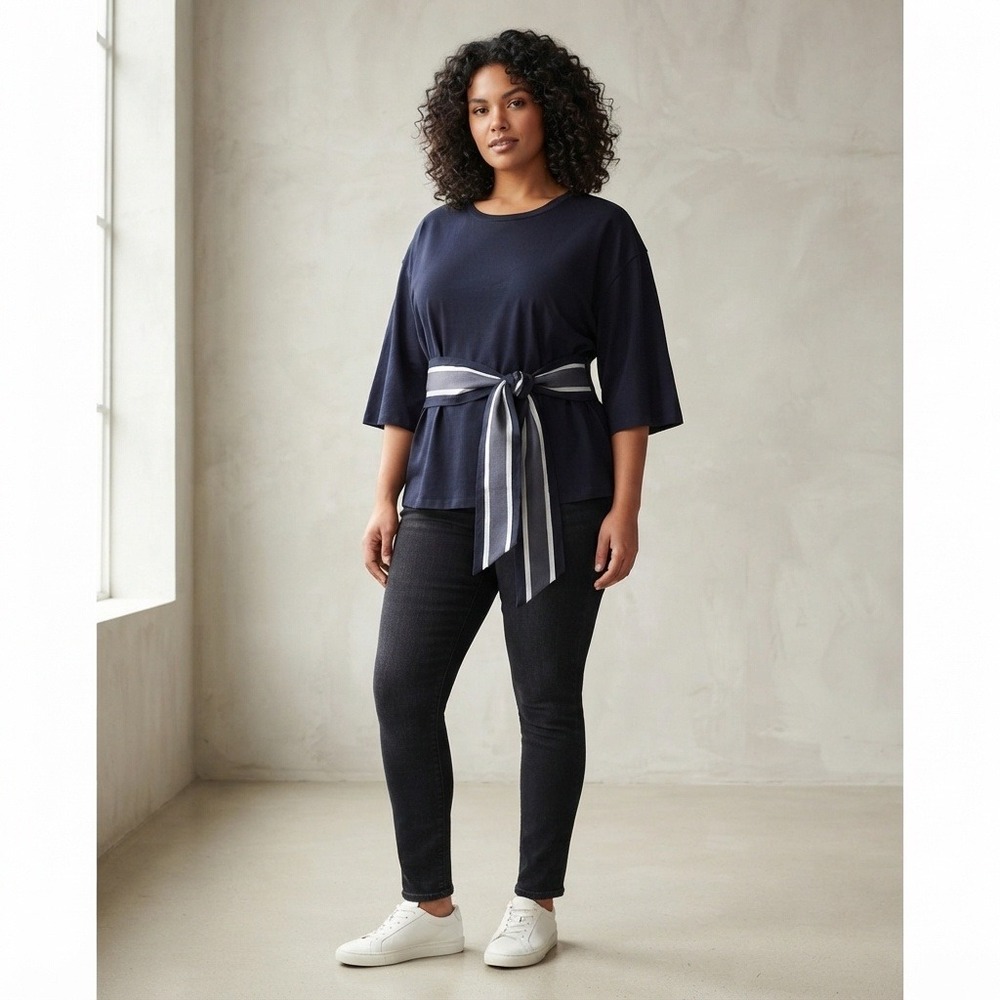 Who What Wear Tie-Waist Short-Sleeve Top Crew Neck Striped Belt Navy Blue XL